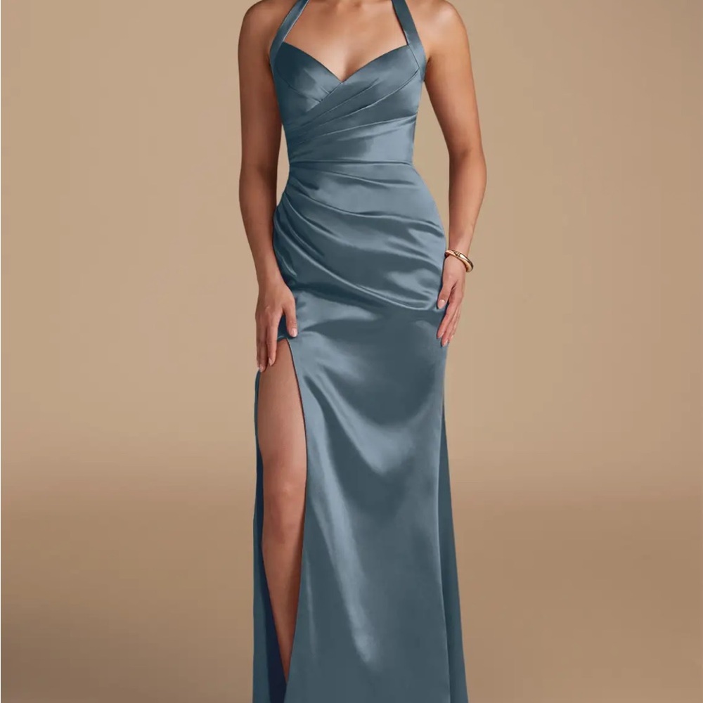 Azazie Halter Neck Satin Dress in Teal/Bermuda Blue
